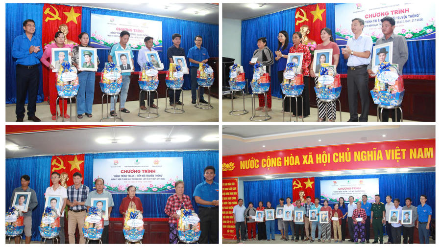 Lãnh đạo Tỉnh đoàn Cà Mau, Đoàn cơ sở Chi nhánh Khí Tây Nam Bộ (Đoàn Thanh niên Tổng Công ty Khí Việt Nam) và xã Vĩnh Lợi trao ảnh chân dung liệt sĩ được phục dựng, tặng quà và chụp ảnh lưu niệm cùng thân nhân các gia đình liệt sĩ.