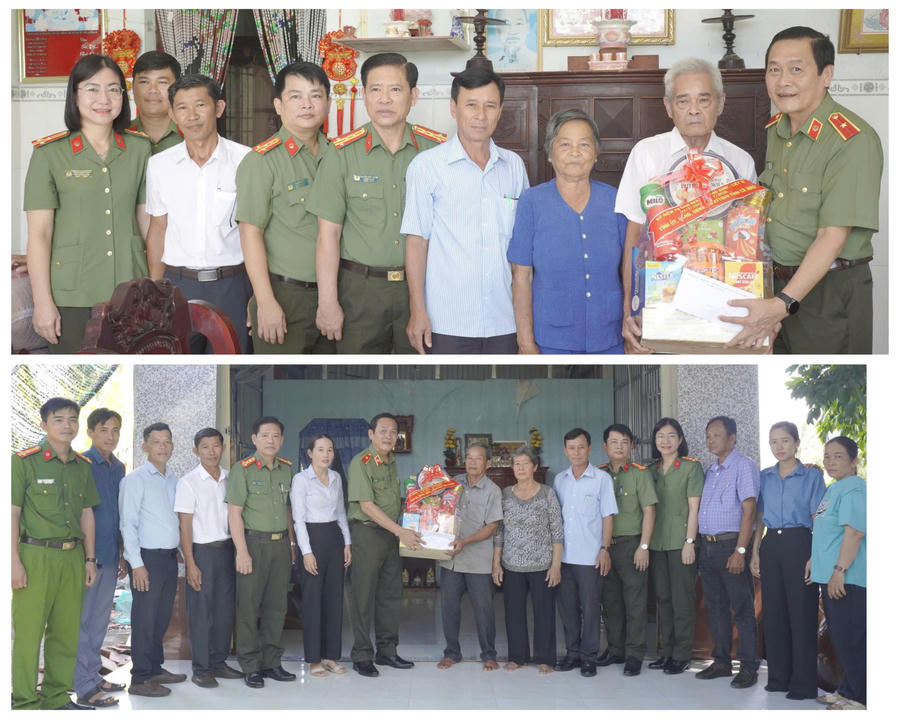 Thiếu tướng Hồ Việt Triều cùng đoàn công tác trao quà tri ân gia đình ông Nguyễn Quan Khương (thương binh 4/4), ngụ ấp Xóm Mới, xã Biển Bạch (ảnh trên); trao quà tri ân gia đình ông Lâm Hoàng Việt (thương binh 4/4), ngụ ấp Hữu Thời, xã Biển Bạch (Ảnh: Hữu Đệ).