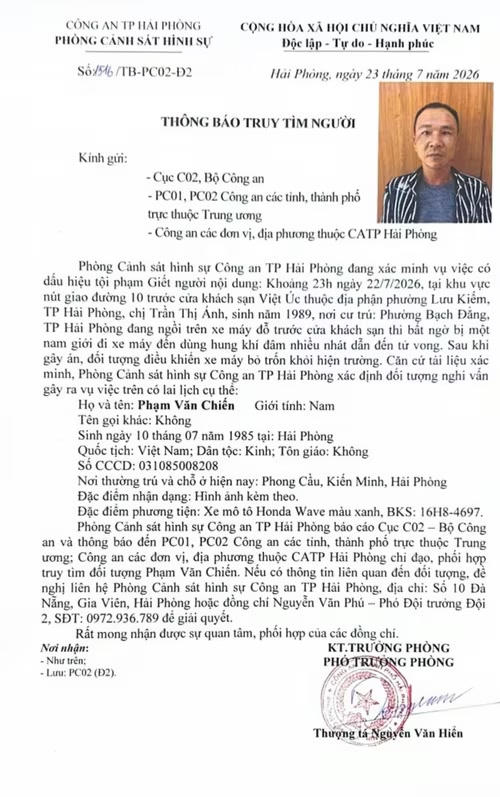 Thông báo truy tìm người từ cơ quan chức năng Công an TP Hải Phòng.