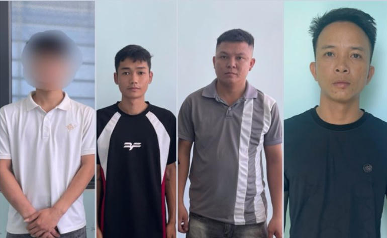 Cơ quan CSĐT Công an tỉnh Gia Lai khởi tố N.M.H, Châu Gia Kiệt, Nguyễn Minh Đài, Nguyễn Huy Thọ (từ trái qua) về tội Gây rối trật tự công cộng. Ảnh: Công an cung cấp