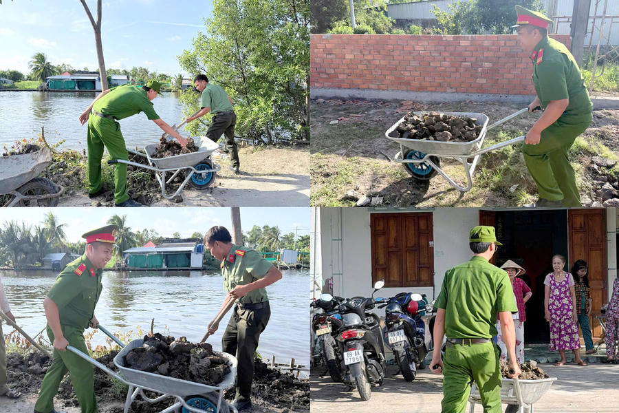 Đoàn viên thanh niên Công an xã Trí Phải hỗ trợ ngày công san lấp nền, xây dựng nhà tình nghĩa cho gia đình bà Hồ Mai Trinh, thân nhân thương binh hạng 2/4.