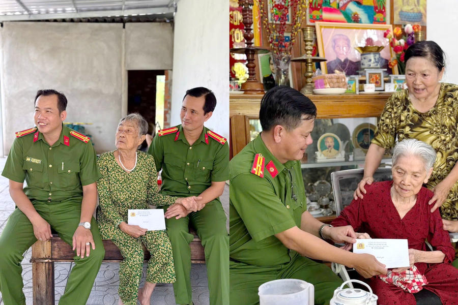 Ban Chỉ huy Công an xã Hưng Mỹ thăm hỏi, tặng quà tri ân Mẹ Việt Nam Anh hùng Trương Thị Huệ (thứ hai từ trái sang) và Anh hùng Lực lượng vũ trang nhân dân Phạm Thị Bay (bìa phải).