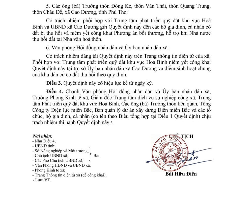 UBND xã Cao Dương tiếp tục ban hành Quyết định số 1060/QĐ-UBND phê duyệt phương án giá đất cụ thể và phương án bồi thường, hỗ trợ, tái định cư đối với phần móng cột của dự án đợt 1 không hề có đơn giá thu hòi đất ở nông thôn.