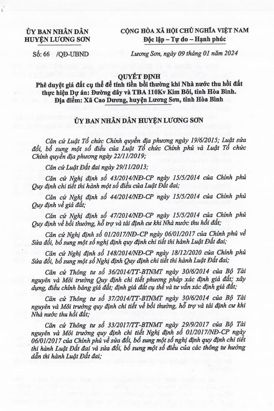 Quyết định số 66/QĐ-UBND của UBND huyện Lương Sơn chỉ xác định giá bồi thường đối với:&nbsp;đất trồng lúa;&nbsp;đất trồng cây hàng năm;&nbsp;đất rừng sản xuất.