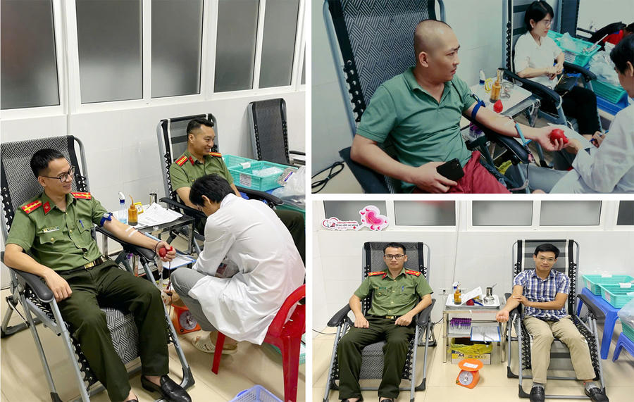 Các thành viên Câu lạc bộ “Ngân hàng máu sống” Công an Thanh Hóa hiến máu cứu người.