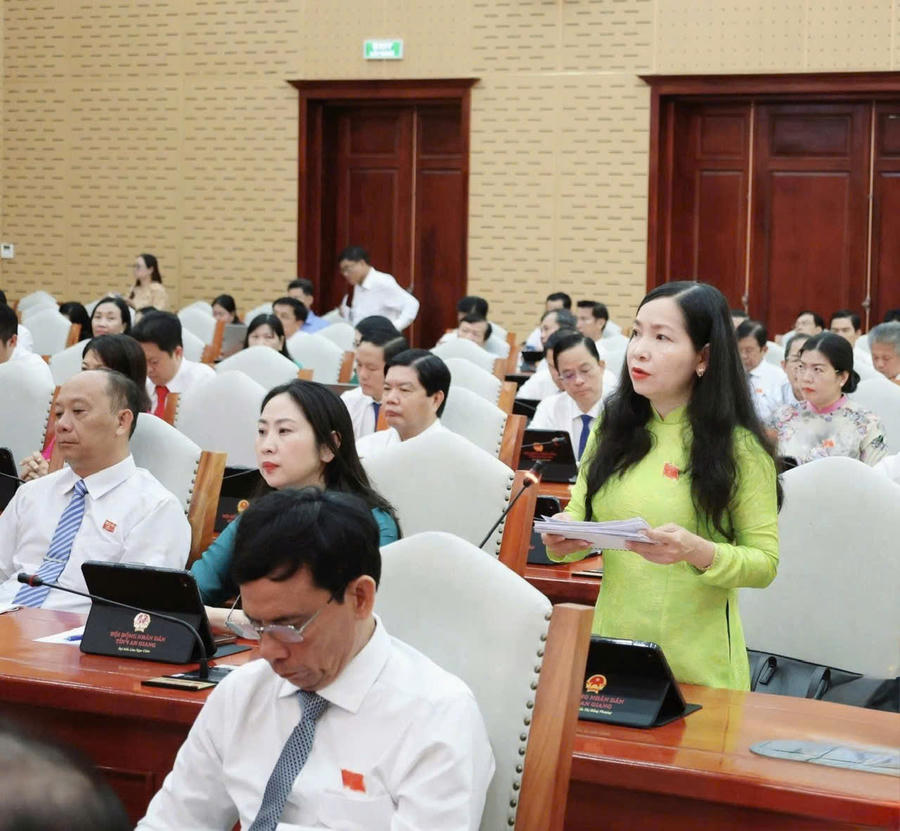 Đại biểu Nguyễn Thị Ngọc Bích, Tổ đại biểu số 27 HĐND tỉnh (áo dài xanh) và Đại biểu Nguyễn Thị Hồng Phượng, Phó Trưởng Ban Pháp chế HĐND tỉnh, Tổ đại biểu số 21 trình bày ý kiến chất vấn.