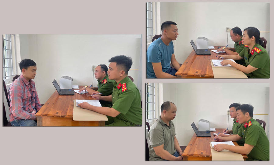 Các đối tượng Lê Đức Anh (áo tím), Phạm Văn Ba (áo xanh), Đỗ Mạnh Tùng (áo ghi) tại cơ quan Công an. Ảnh C.A tỉnh Thanh Hoá