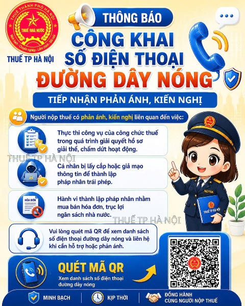 Thuế TP Hà Nội công khai số điện thoại đường dây nóng tiếp nhận phản ánh kiến nghị.