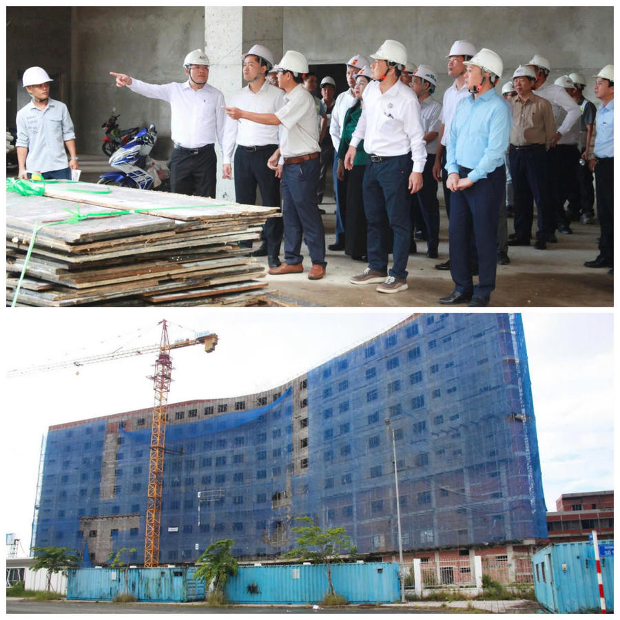 Thứ trưởng Thường trực Bộ Y tế Vũ Mạnh Hà (đứng giữa hàng đầu) kiểm tra thực tế tiến độ thi công Dự án Bệnh viện Đa khoa Cà Mau quy mô 1.200 giường.