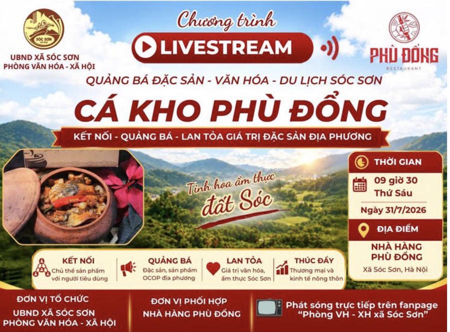 Mọi người có thể bấm theo dõi (Follow) trang Fanpage "Phòng VH - XH xã Sóc Sơn" https://web.facebook.com/profile.php?id=61586295162512 để kịp thời cập nhật các thông tin chính thống và không bỏ lỡ các chương trình quảng bá tiếp theo của địa phương.