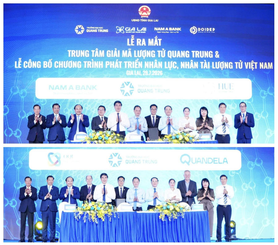 Lãnh đạo Trung ương, lãnh đạo tỉnh cùng các đại biểu chứng kiến Đại học Quang Trung ký kết Biên bản ghi nhớ hợp tác (MOU) với các đơn vị đào tạo: Open Quantum Institute & Quandela, và ký kết hợp tác với các đơn vị đồng hành.