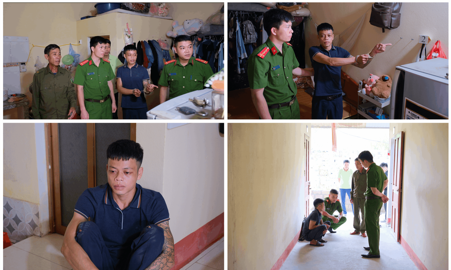 Lực lượng công an đưa đối tượng Tòng Thanh Hoàng đến hiện trường để xác định vị trí, diễn biến hành vi trộm cắp và củng cố tài liệu, chứng cứ phục vụ công tác điều tra. (Ảnh: Công an Lào Cai).