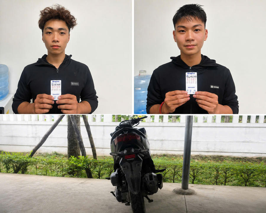 Đối tượng Nguyễn Tiến Thịnh (bên trái), Đặng Hồng Quân (bên phải) cùng phương tiện gây án.