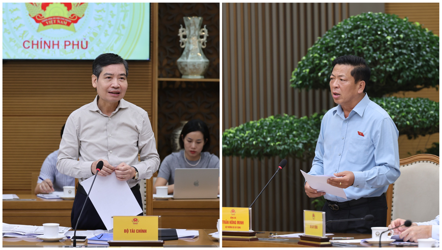 Thứ trưởng Bộ Tài chính Tạ Anh Tuấn (bìa trái) và Bộ trưởng Bộ Xây dựng Trần Hồng Minh phát biểu tại buổi làm việc. Ảnh: VGP
