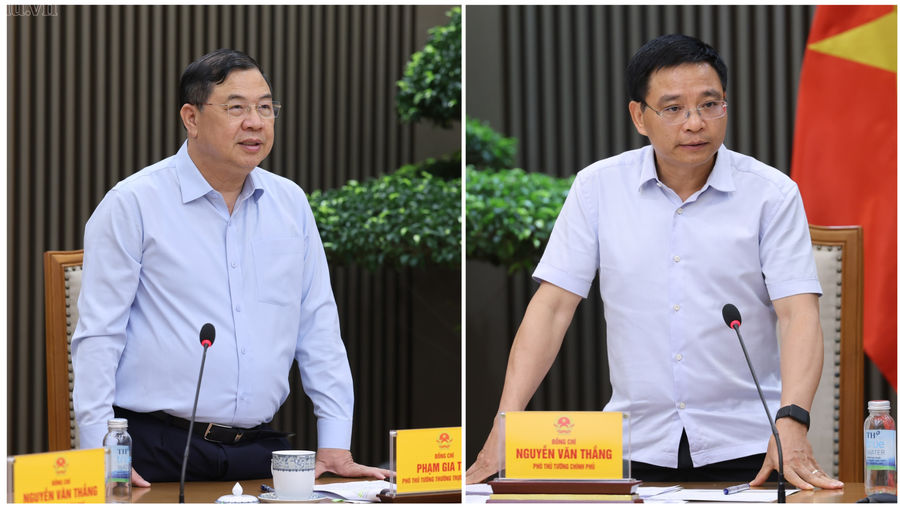 Phó Thủ tướng Thường trực Phạm Gia Túc và Phó Thủ tướng Nguyễn Văn Thắng phát biểu chỉ đạo tại buổi làm việc. Ảnh: VGP