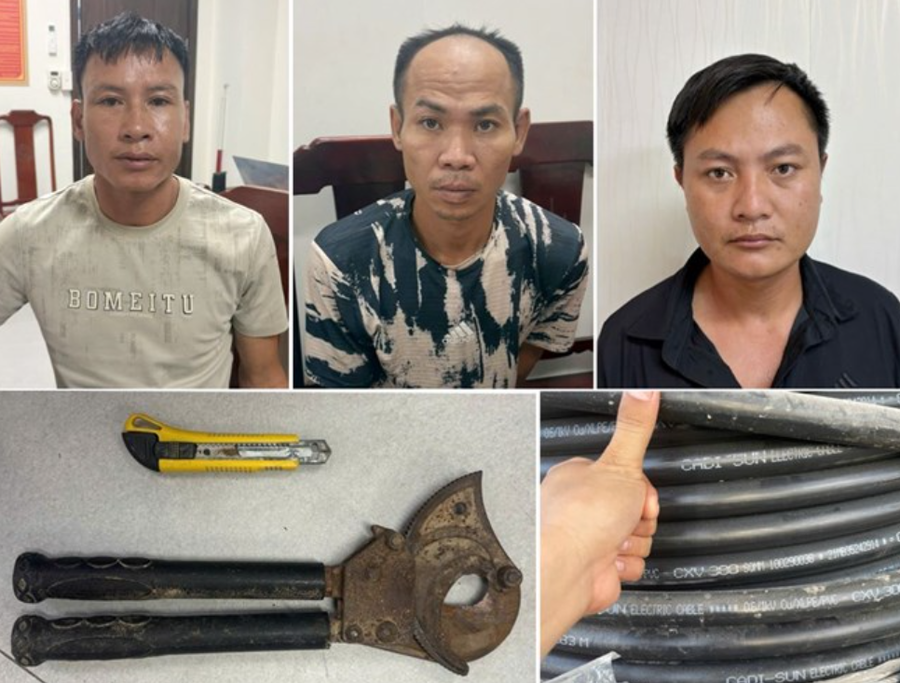 Bắt giữ nhóm đối tượng trong vụ trộm cắp dây cáp điện và thu giữ số tang vật. Ảnh: Công an Thanh Hóa cung cấp