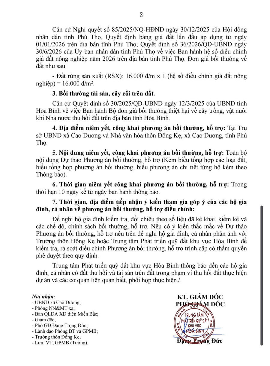 Thông báo niêm yết công khai dự thảo phương án bồi thường, hỗ trợ khi nhà nước thu hồi đất thực hiện dự án đường dây và TBA 110kV Kim Bôi của Trung tâm phát triển quỹ đất khu vực Hoà Bình.