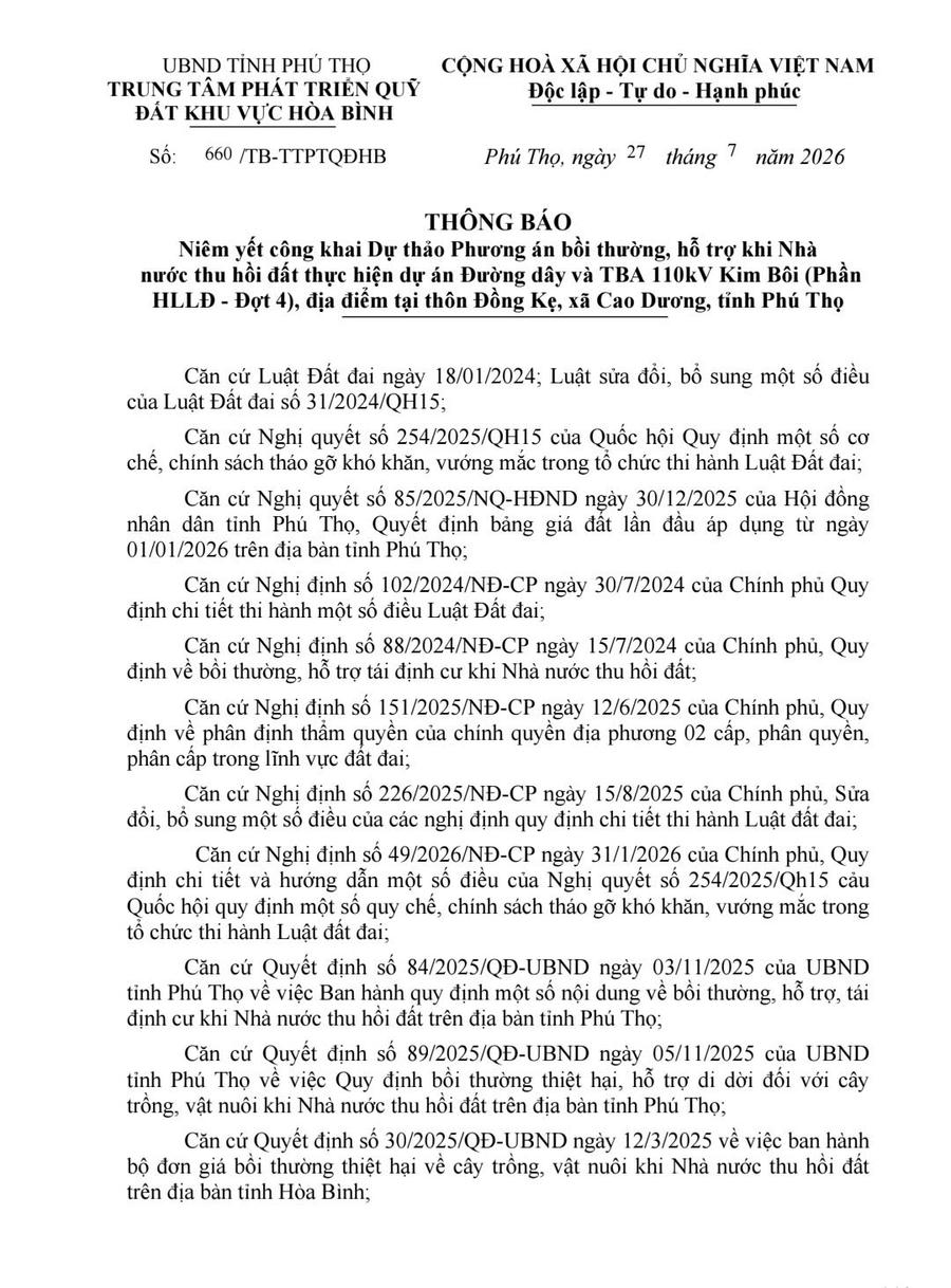Thông báo niêm yết công khai dự thảo phương án bồi thường, hỗ trợ khi nhà nước thu hồi đất thực hiện dự án đường dây và TBA 110kV Kim Bôi của Trung tâm phát triển quỹ đất khu vực Hoà Bình.