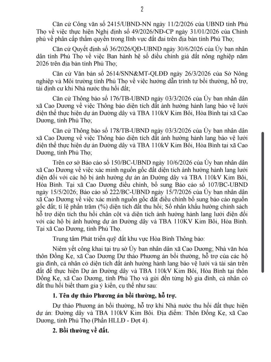 Thông báo niêm yết công khai dự thảo phương án bồi thường, hỗ trợ khi nhà nước thu hồi đất thực hiện dự án đường dây và TBA 110kV Kim Bôi của Trung tâm phát triển quỹ đất khu vực Hoà Bình.