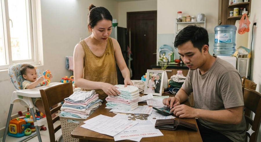 Đừng để gánh nặng cơm áo và những lo toan thường nhật khiến hôn nhân rơi vào im lặng, trong nhà chỉ còn những tiếng thở dài... (ảnh: AI). Đừng để gánh nặng cơm áo và những lo toan thường nhật khiến hôn nhân rơi vào im lặng, trong nhà chỉ còn những tiếng thở dài... (ảnh: AI).