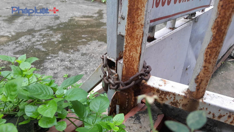 Khoá cổng đã rỉ sét, sau cánh cổng, hàng rào là cây cối mọc um tùm, kết cấu công trình có dấu hiệu xuống cấp do lâu không đưa vào sử dụng.
