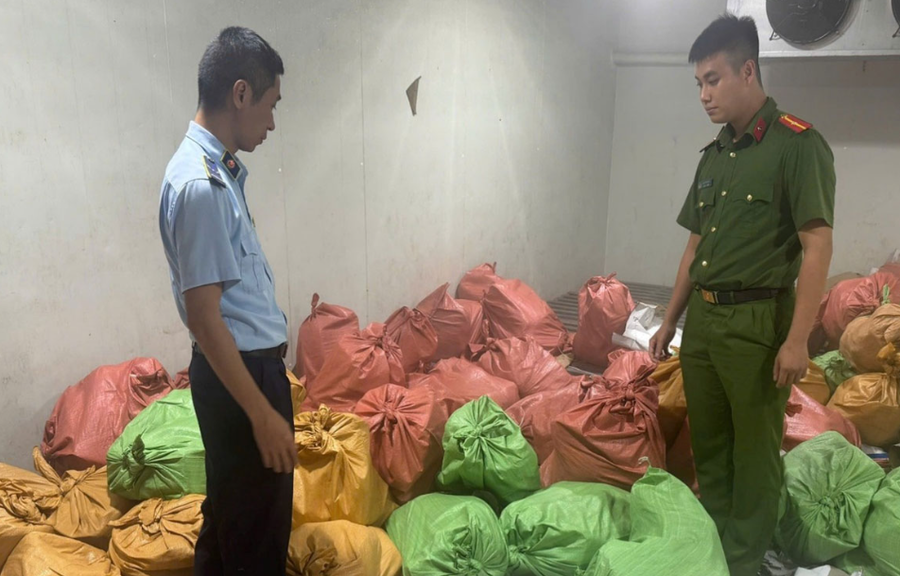 Lực lượng chức năng kiểm tra kho. Ảnh: Công an Quảng Ninh