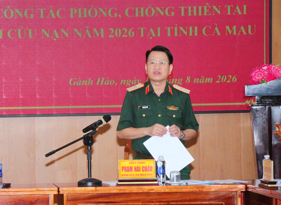 Thiếu tướng Phạm Hải Châu - Phó Cục trưởng Cục Cứu hộ - Cứu nạn (Bộ Tổng Tham mưu), Phó Chánh Văn phòng Ban Chỉ đạo, phát biểu chỉ đạo tại buổi làm việc.