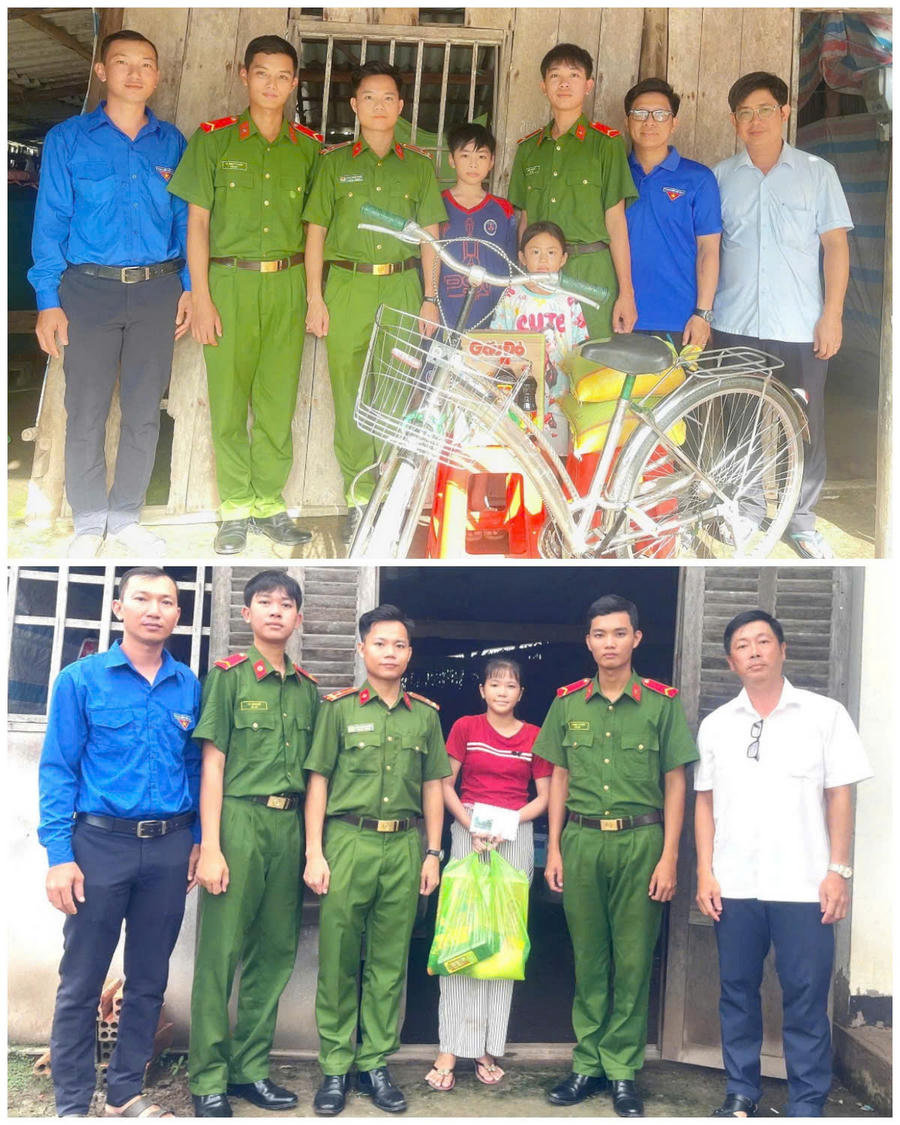Cán bộ, chiến sĩ Trại tạm giam số 1 phối hợp trao tặng xe đạp, nhu yếu phẩm cho các cháu đang sinh sống cùng bà Nguyễn Thị Lý ở ấp Cái Bát, xã Hưng Mỹ; phối hợp với Đoàn xã Hưng Mỹ trao quà cho em Trần Như Ái, học sinh lớp 7A6, Trường THCS Quang Trung, có hoàn cảnh khó khăn trước thềm năm học mới.