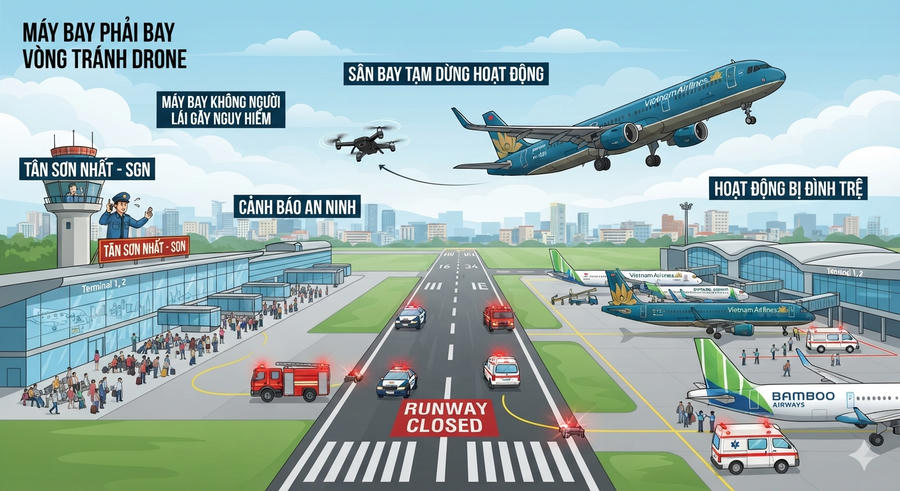 Ngoài những thiệt hại về kinh tế, UAV nếu va chạm với tàu bay trong giai đoạn cất cánh hoặc hạ cánh có thể gây ra sự cố hoặc tai nạn hàng không đặc biệt nghiêm trọng. Hình ảnh minh họa (thiết kế bởi AI).