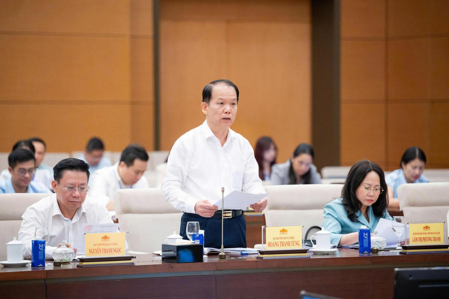Bộ trưởng Bộ Tư pháp Hoàng Thanh Tùng phát biểu tại Phiên họp.