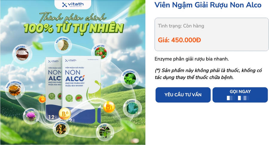 Sản phẩm thực phẩm bảo vệ sức khỏe Viên ngậm giải rượu Non Alco quảng cáo khi chưa được cấp phép. (Ảnh chụp màn hình)

