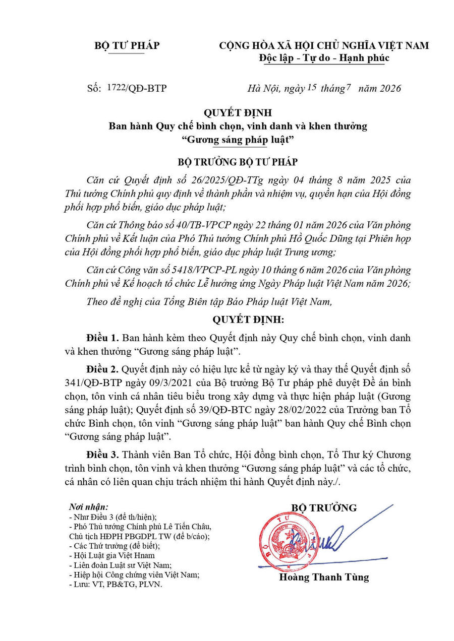 Quy chế bình chọn, vinh danh và khen thưởng “Gương sáng Pháp luật” năm 2026