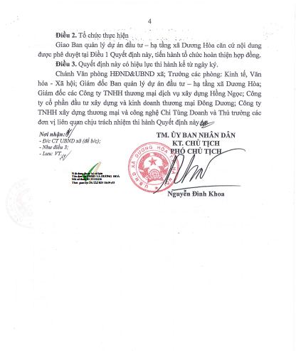 Quyết định phê duyệt gói thầu Thi công xây dựng, mua sắm và lắp đặt thiết bị thuộc dự án Vườn hoa, cây xanh, bãi đỗ xe và các hạng mục phụ trợ khu di tích Quán Giá xã Yên Sở cũ của UBND xã Dương Hoà.