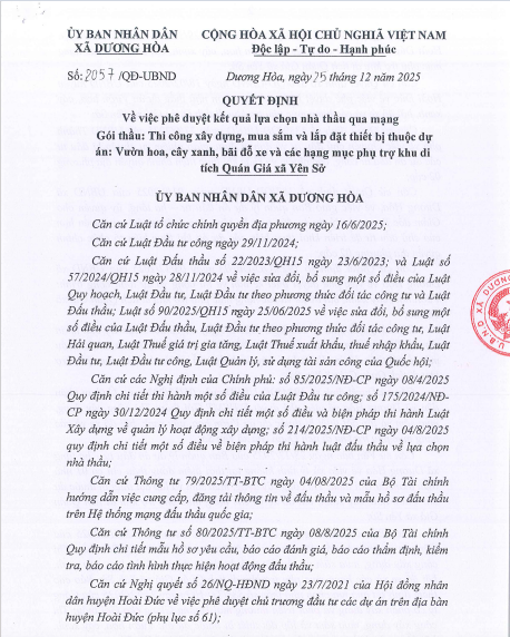 Quyết định phê duyệt gói thầu Thi công xây dựng, mua sắm và lắp đặt thiết bị thuộc dự án Vườn hoa, cây xanh, bãi đỗ xe và các hạng mục phụ trợ khu di tích Quán Giá xã Yên Sở cũ của UBND xã Dương Hoà.