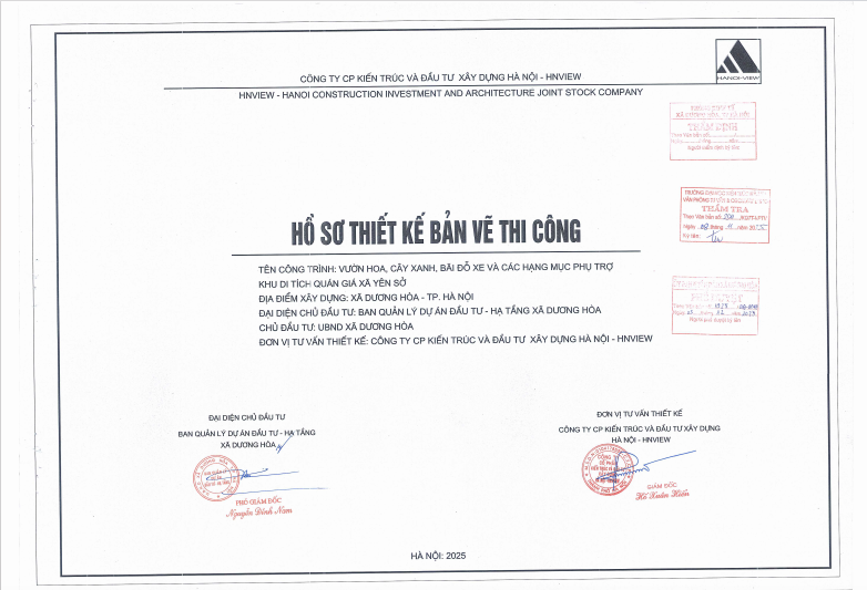 Hồ sơ thiết kế bản vẽ thi công gói thầu Thi công xây dựng, mua sắm và lắp đặt thiết bị thuộc dự án Vườn hoa, cây xanh, bãi đỗ xe và các hạng mục phụ trợ khu di tích Quán Giá xã Yên Sở cũ yêu cầu vật liệu san nền bằng đất đồi đầm chặt K90.