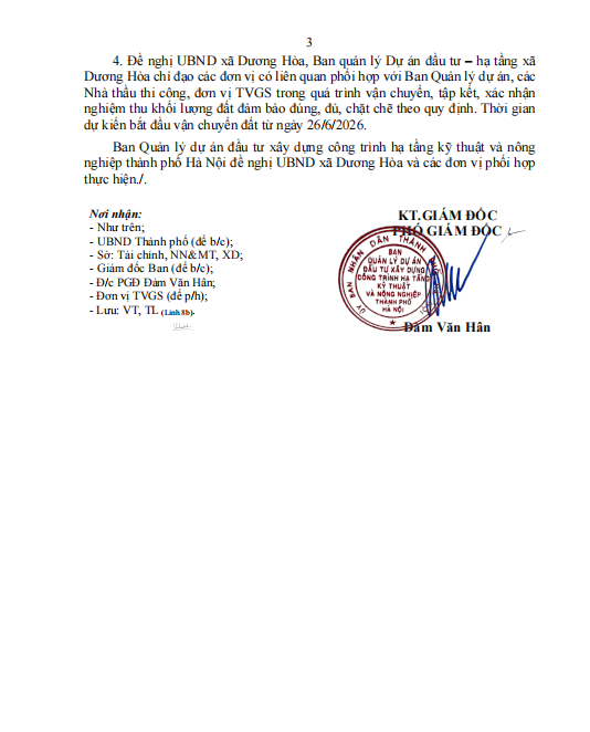 Ban Quản lý dự án đầu tư xây dựng công trình hạ tầng kỹ thuật và nông nghiệp thành phố Hà Nội gửi UBND xã Dương Hoà về việc cho phép vận chuyển đất cấp 2 thừa từ dự án đầu tư xây dựng công trình khẩn cấp Đầu tư xây dựng hồ điều hòa Yên Nghĩa 1 về san nền tại dự án di tích Quán Giá.