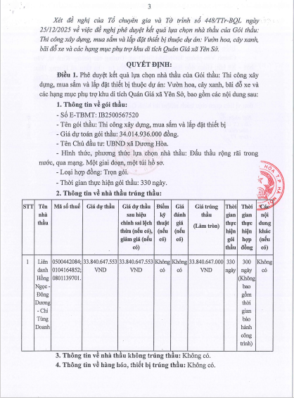 Quyết định phê duyệt gói thầu Thi công xây dựng, mua sắm và lắp đặt thiết bị thuộc dự án Vườn hoa, cây xanh, bãi đỗ xe và các hạng mục phụ trợ khu di tích Quán Giá xã Yên Sở cũ của UBND xã Dương Hoà.