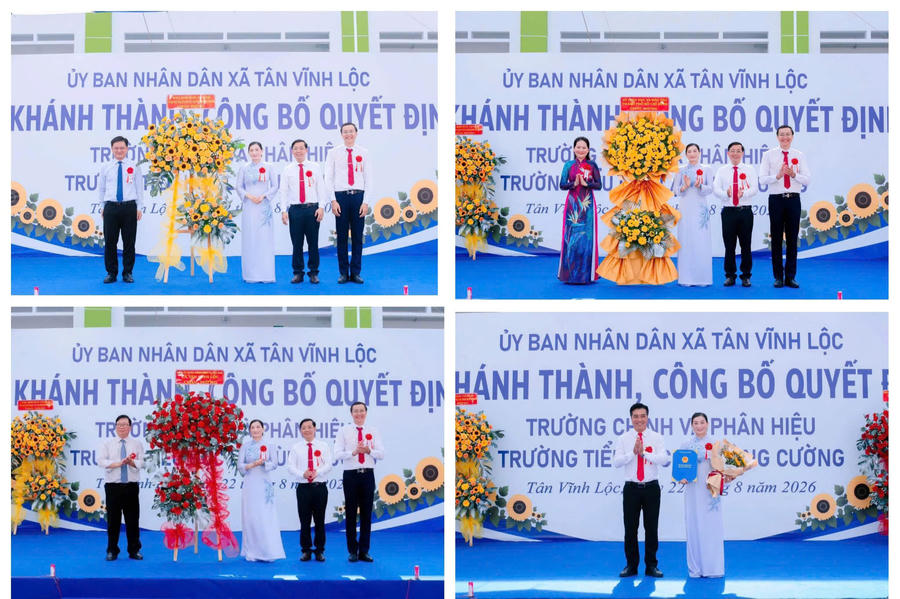 Chủ tịch UBND xã Tân Vĩnh Lộc Nguyễn Thành Nhân trao quyết định thành lập trường chính và phân hiệu; Lãnh đạo UBND, Sở GD&ĐT TPHCM tặng hoa chúc mừng bà Cao Thị Hồng Đào, Bí thư Chi bộ, Hiệu trưởngTrường Tiểu học Lại Hùng Cường.