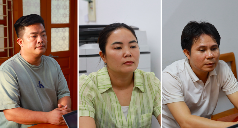 Các bị can (từ trái sang phải): Vũ Hoàng Hải, Bùi Thị Kim Tuyên và Phạm Văn Hà.