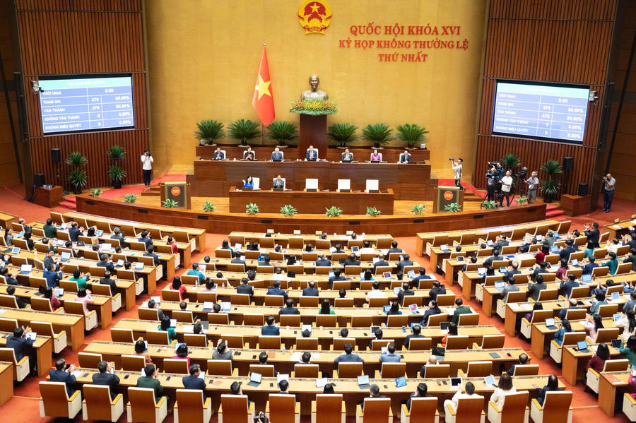 Với 100% đại biểu có mặt tán thành, Quốc hội đã thông qua thành lập TP. Quảng Ninh và TP. Bắc Ninh. Ảnh: quochoi.vn