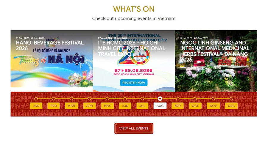 Website vietnam.travel hỗ trợ du khách lên kế hoạch về chuyến đi tới Việt Nam cùng với lịch sự kiện nổi bật được cập nhật theo từng tháng.