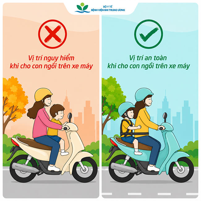 Trẻ nên được ngồi phía sau người lái và sử dụng địu hoặc thiết bị giữ trẻ phù hợp, được cố định chắc chắn; không nên để trẻ ngồi phía trước hoặc phía sau một mình khi chưa có biện pháp bảo đảm an toàn..