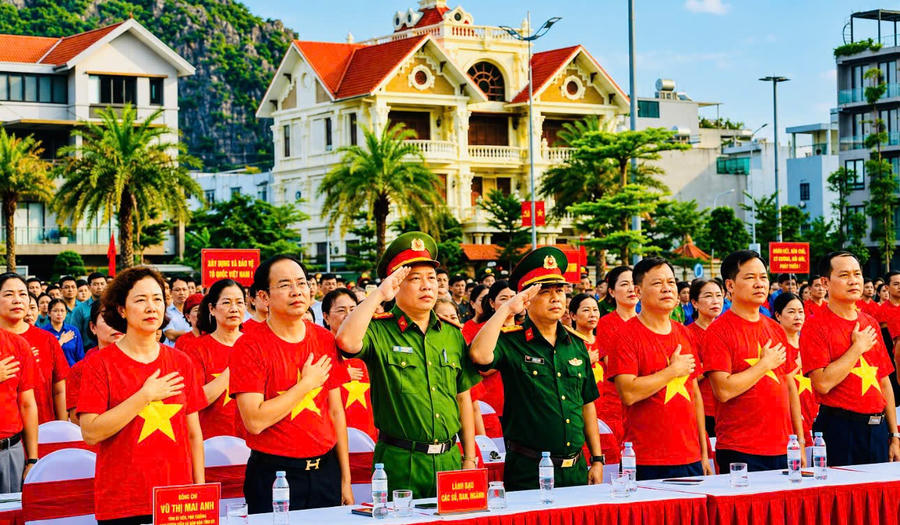 Sắc đỏ rực rỡ phủ kín không gian, những cánh tay đặt lên ngực và những ánh mắt hướng về Quốc kỳ, tạo nên khoảnh khắc thiêng liêng, đầy tự hào trong ngày hội “Cùng Việt Nam tiến bước”.