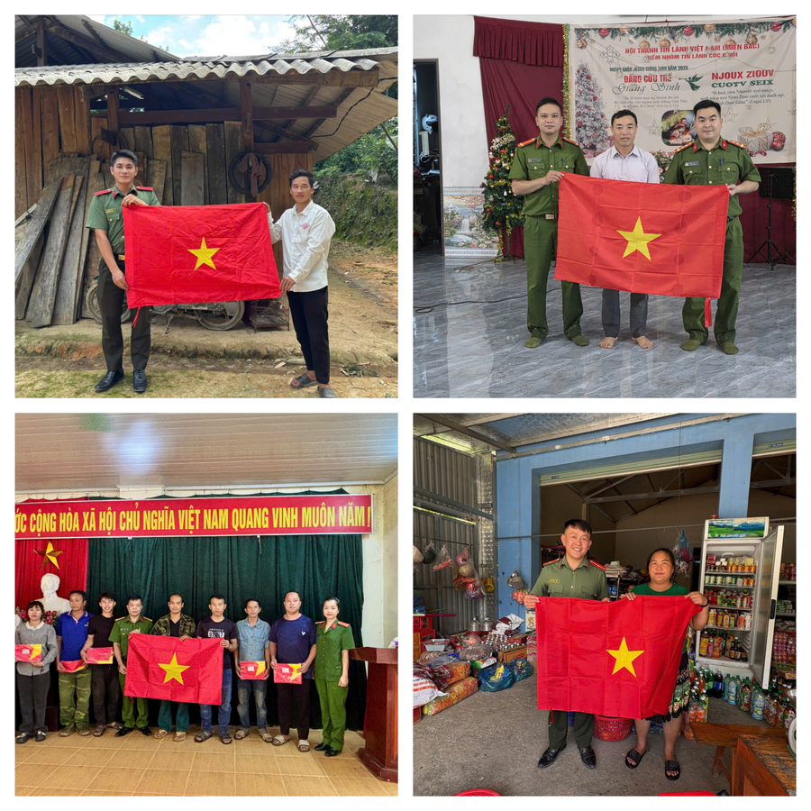 Cờ Tổ quốc được trao tặng đến các hộ gia đình đồng bào dân tộc thiểu số trên địa bàn. (Ảnh: Công an Cao Bằng).