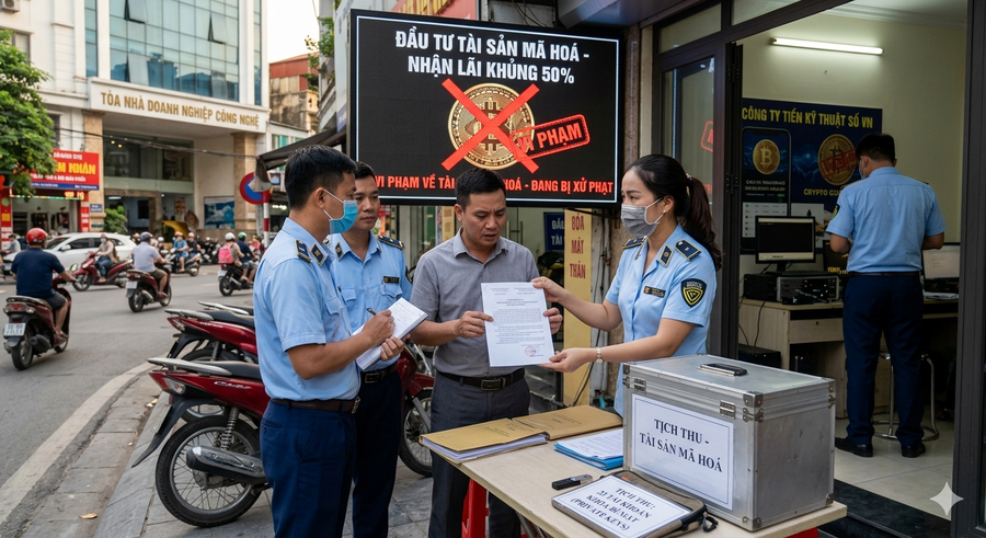 Nghị định quy định mức xử phạt lên đến 200 triệu đồng liên quan đến vi phạm về quảng cáo, tiếp thị tài sản mã hoá. Hình ảnh minh hoạ (thiết kế bởi AI).