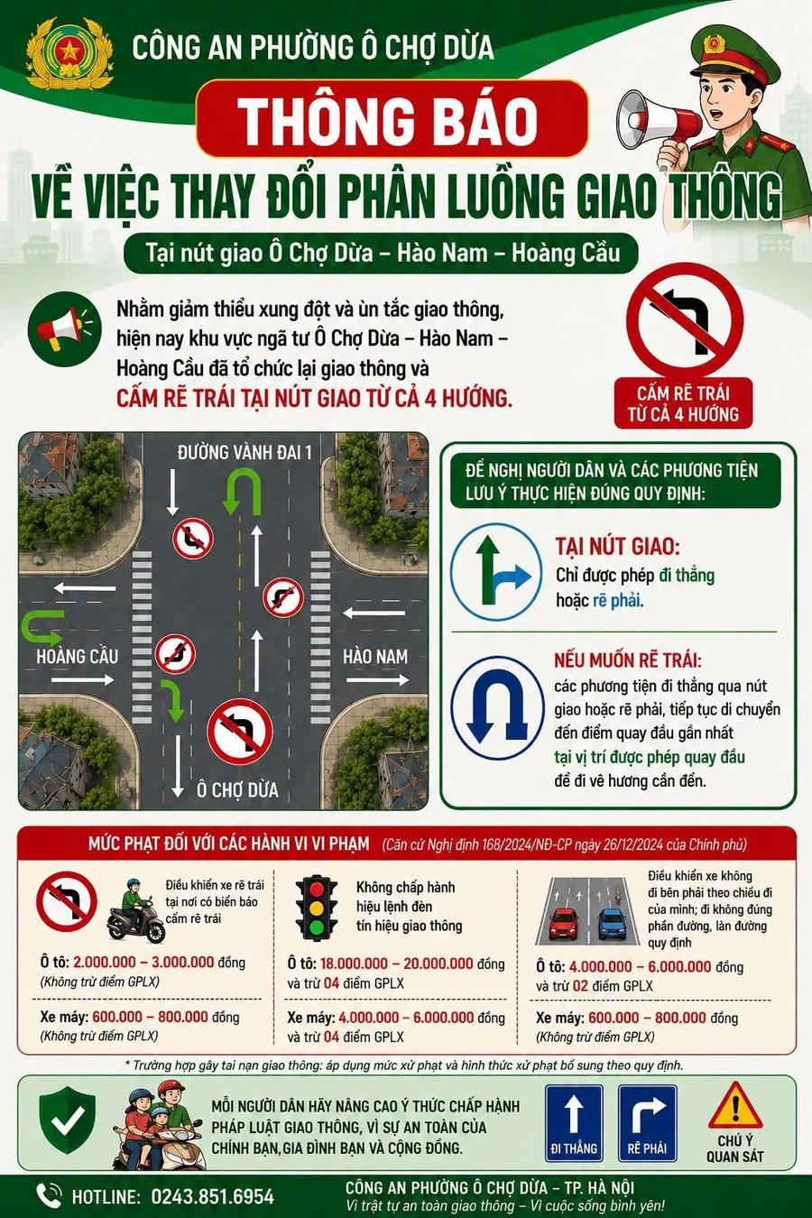 Thông báo từ Công an phường Ô Chợ Dừa về việc điều chỉnh nút giao thông.