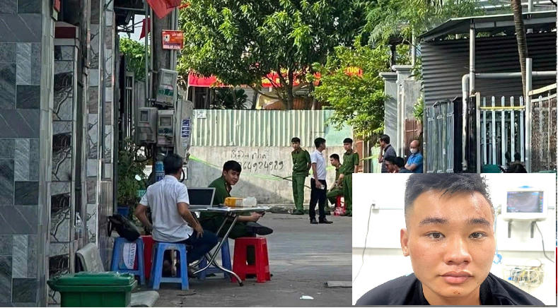 Lực lượng chức năng phong toả hiện trường điều tra vụ án (ảnh lớn), chân dung nghi phạm Nguyễn Đức Anh (ảnh nhỏ).