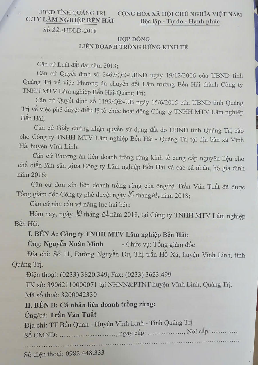 Hợp đồng liên doanh ông Tuất ký với Công ty Bến Hải. Ảnh: Nguyên Phong