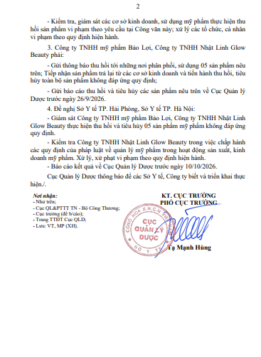 Quyết định đình chỉ lưu hành, thu hồi và tiêu hủy mỹ phẩm vi phạm đối với 05 sản phẩm vi phạm. (Ảnh chụp màn hình)