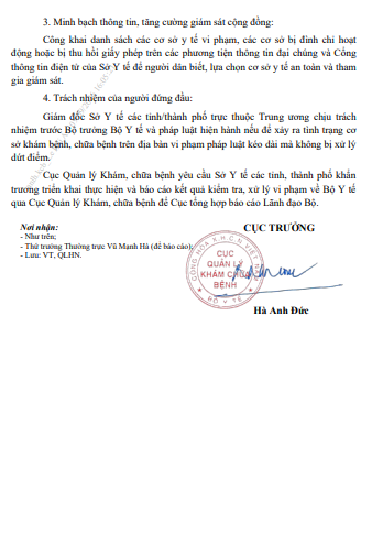 Văn bản của Cục Quản lý Khám, chữa bệnh (Bộ Y tế) về việc tăng cường kiểm tra hoạt động khám bệnh, chữa bệnh ngoài công lập trên địa bàn.